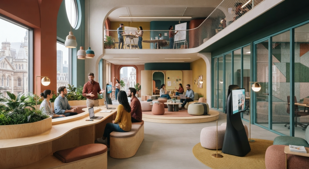 A modern collaborative office space with remote workers talking.