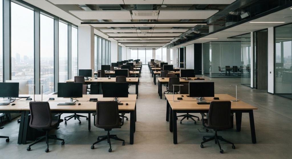 Picture of empty office with tables and chairs
