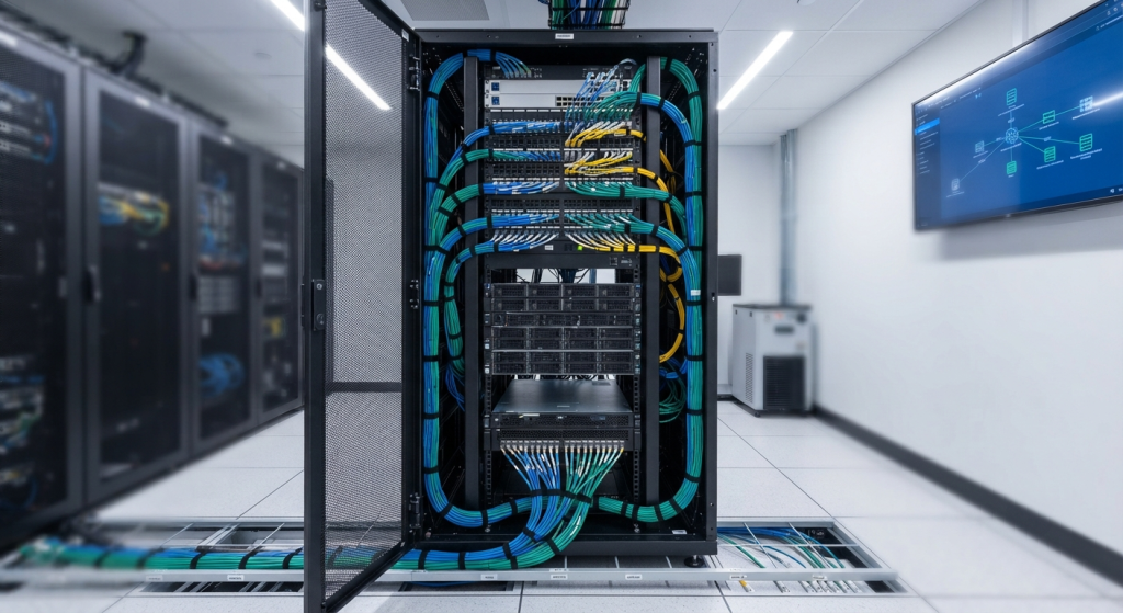 Network infrastructure rack clean looking with cables