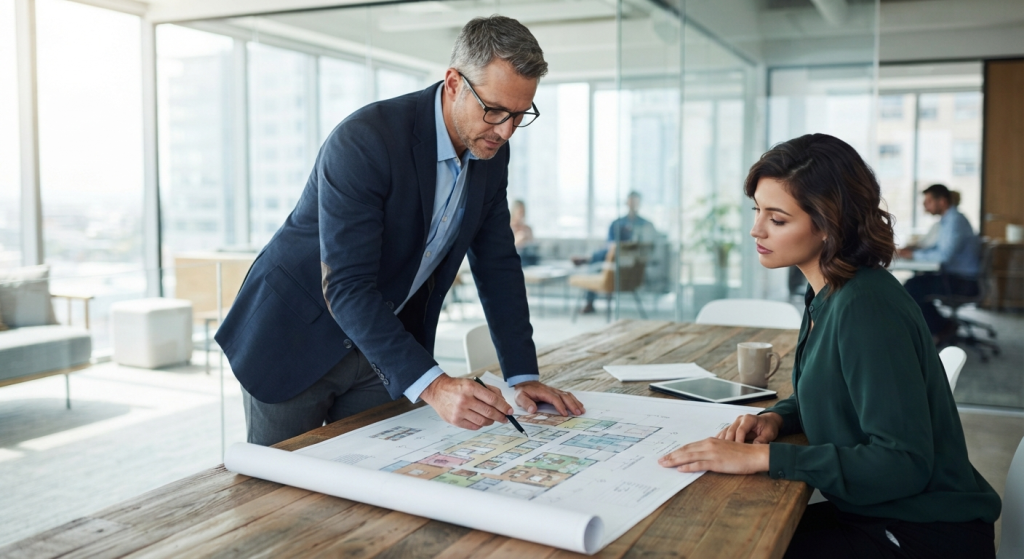 Manager looking at office blueprints with another co worker in office